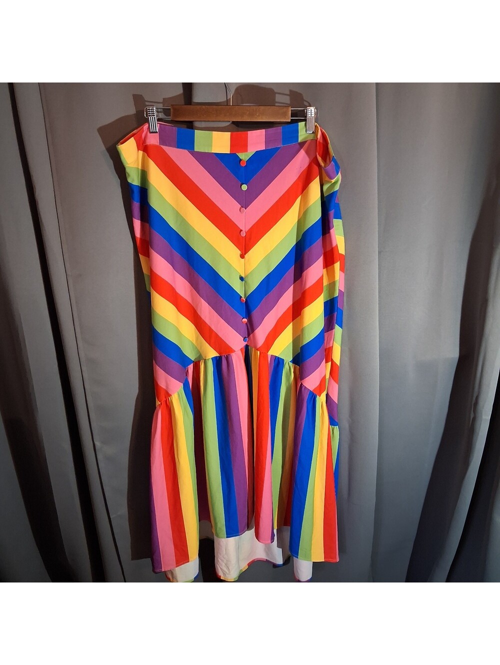 Vintage Rainbow Striped Button-Front Midi Skirt with Ruffle Hem